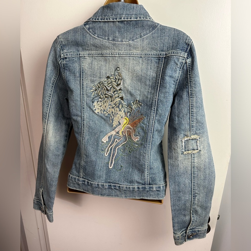 Vanilla Star RetroY2K Inspired Whimsical Fairy Embroidery Studded Denim Jacket M